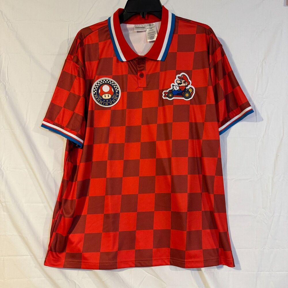 Nintendo Mario Kart Polo Shirt Mens L New Red Checkered Jersey Isaac Morris NWT